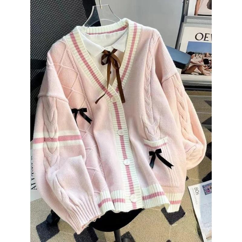 Sweet Bow Knitted Cardigans Y2k Aesthetic All Match Contrast Color Coats Fashion Single Breasted Women Kawaii JK Sweaters Jumper