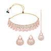 Seaside Rose Gold Plated Pink AD Stones & Beads Choker Necklace Set With Earring And Maangtika Jewellery Set For Women