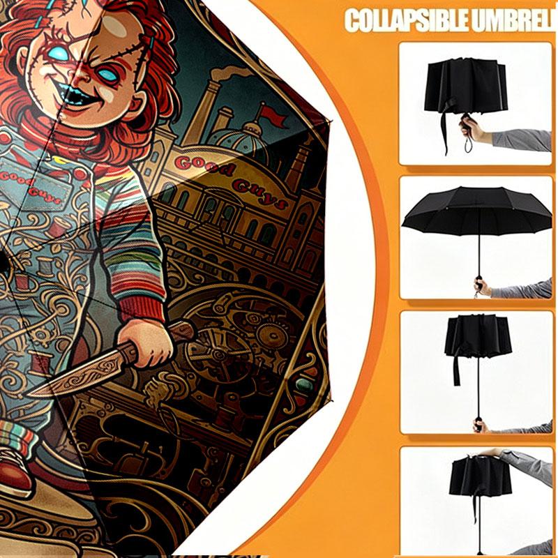 Custom Name Personalized Horror Theme Chucky Print Umbrella, Auto Open Close, 8‑Rib Sturdy Frame, Commute Camping Hiking Use, Birthday Gift
