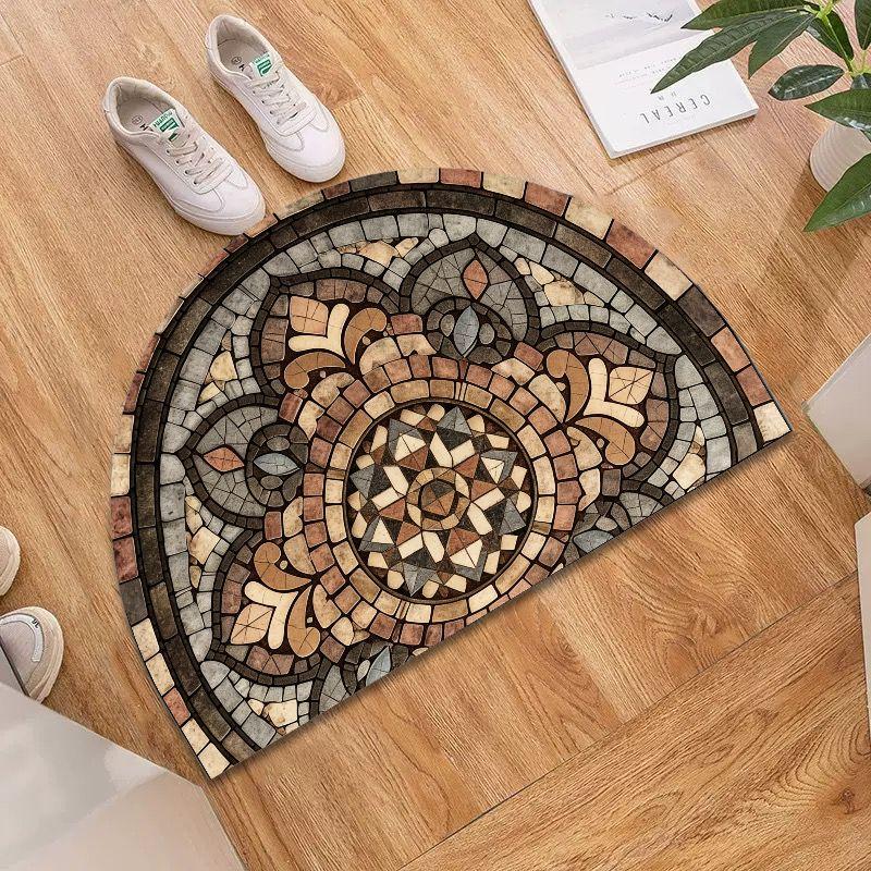 Vintage Brown Floral Mosaic Half Round Bath Mat, Non-Slip Water Absorbent Retro Tile Bathroom Floor Rug