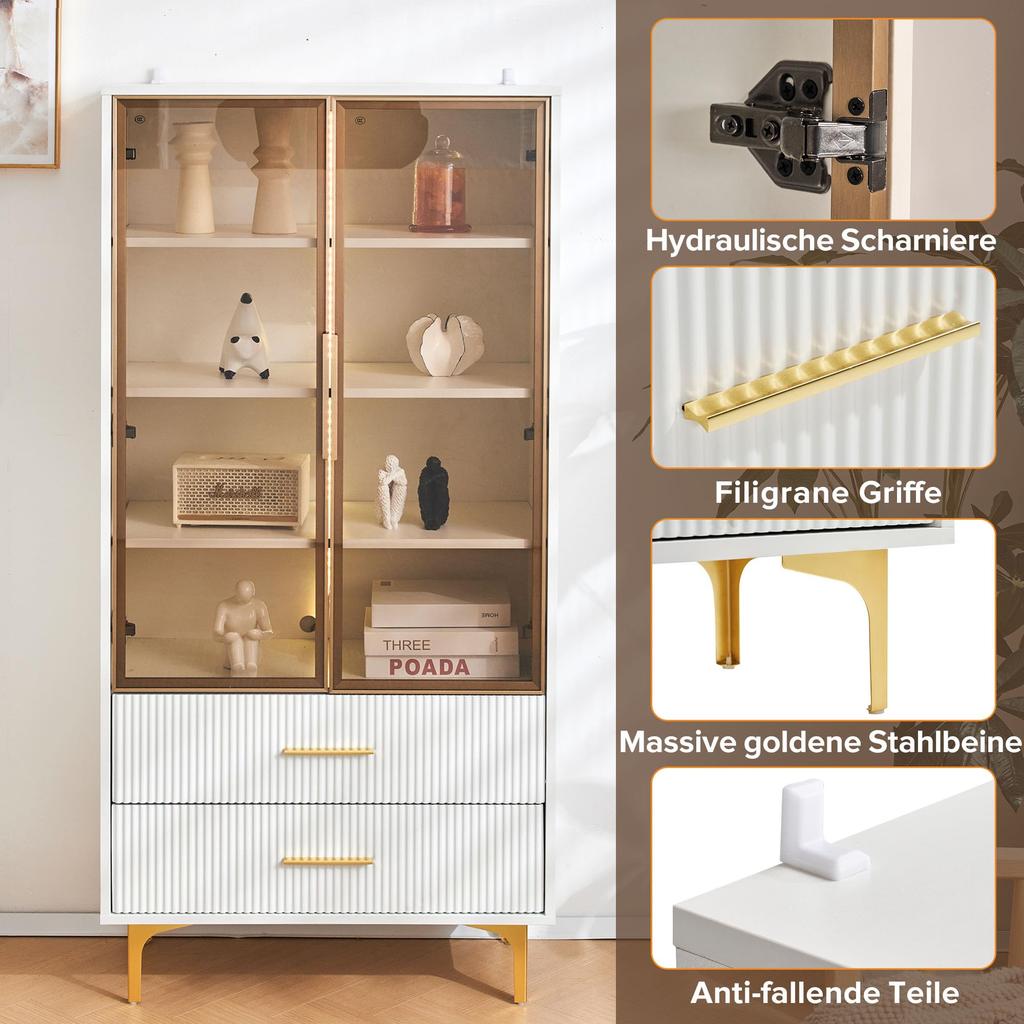 Glasvitrine LED-Lichtern, Weiß 2 Türen & 2 Schublade, Modern Bücherschrank verstellbaren Einlegeböden, Metallbeine, Wohnzimmer Büro Esszimmer