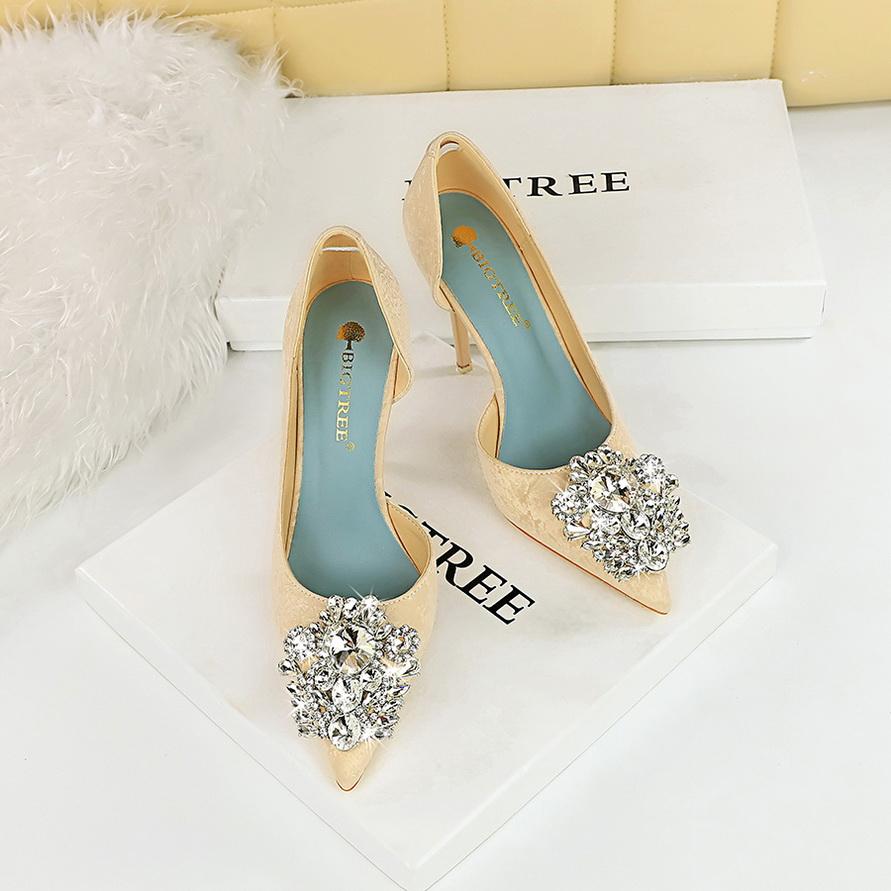 Women's Banquet High Heels Slim Heels Shallow Mouth Pointed Side Hollow Water Diamond Single Shoes