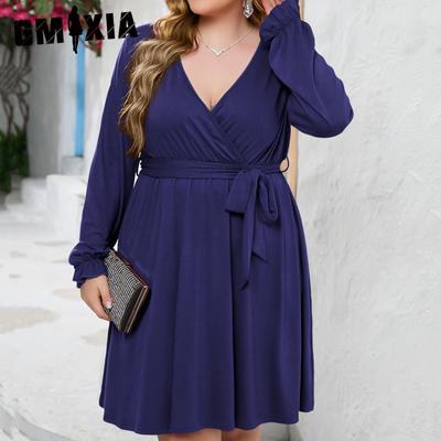 Женская мода лето весна сплошной цвет печати с длинным рукавом v-образным вырезом с высокой талией повседневные платья плюс размер