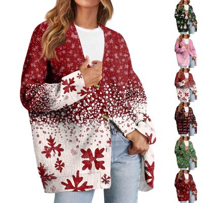 Женский модный кардиган с длинным рукавом, V-образным вырезом, на пуговицах, свободного кроя, с рождественским принтом