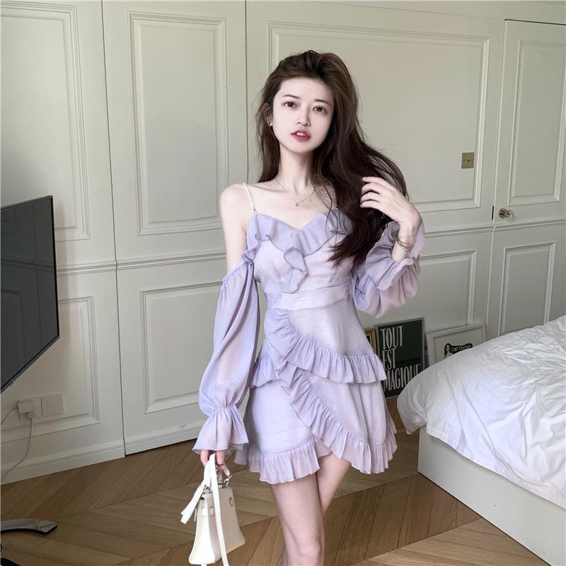 Фиолетовое платье Kawaii с открытыми плечами для женщин, летнее, тонкое, с оборками, в стиле пэчворк, милое, вечернее, женское, корейское, сексуальное, сказочное, мини-платье