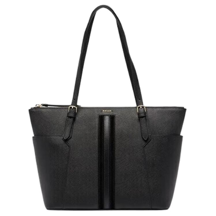 Bally Zipper Closure Striped Decorative Design Embossed Cowhide Tote Handbag Large Women tote Black Light-Gold 6306270