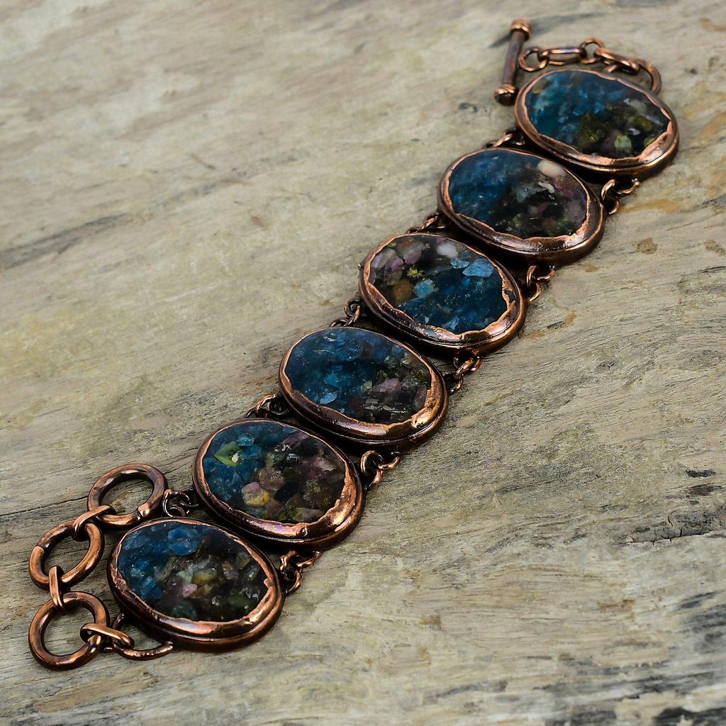 Браслет из турмалина-арбуза, браслет из электроформованной меди, браслет с регулируемой цепочкой, браслет из драгоценных камней ручной работы, медные украшения для подарков