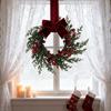 Artificial Christmas Wreath for Front Door 10 Inch Winter Greenery Wreath with Red Berries And Velvet Bow