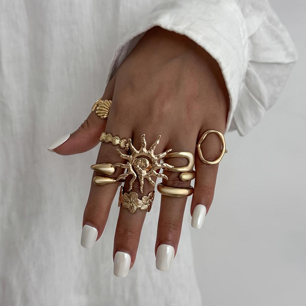 Ingemark 8Pcs/Set Boho Flower Scallop Open Rings for Women Summer Vintage Starfish Adjustable Knuckle Joint Rings Couple Jewelry