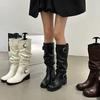 2025 Autumn and Winter New Fashion Versatile Niche Design Wasteland Wind Tall Women's Boots Retro Pleated Thick Heel Pile