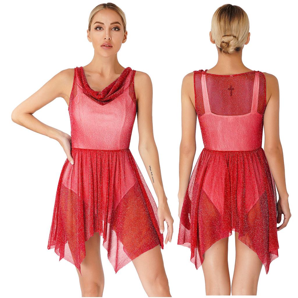Женское блестящее танцевальное платье без рукавов, прозрачное асимметричное подол, лирические платья, танцевальная одежда