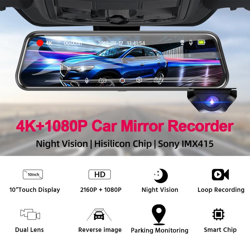 E-ACE Автомобильный видеорегистратор 4K, зеркало Ultra HD 3840*2160P, видеорегистратор, камера заднего вида ночного видения, поддержка GPS, WIFI для авто