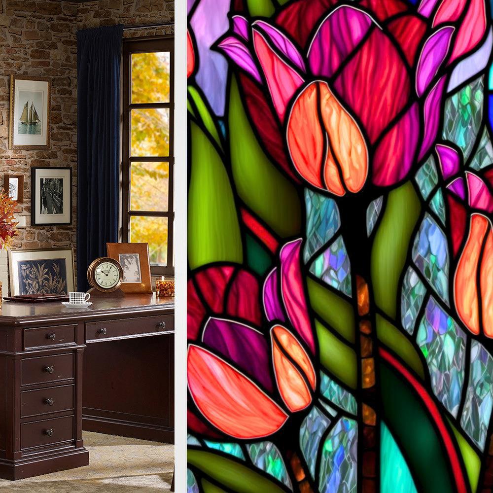 Красочная Ретро Цветок и Птица ПВХ Статическая Пленка для Окон Съемная