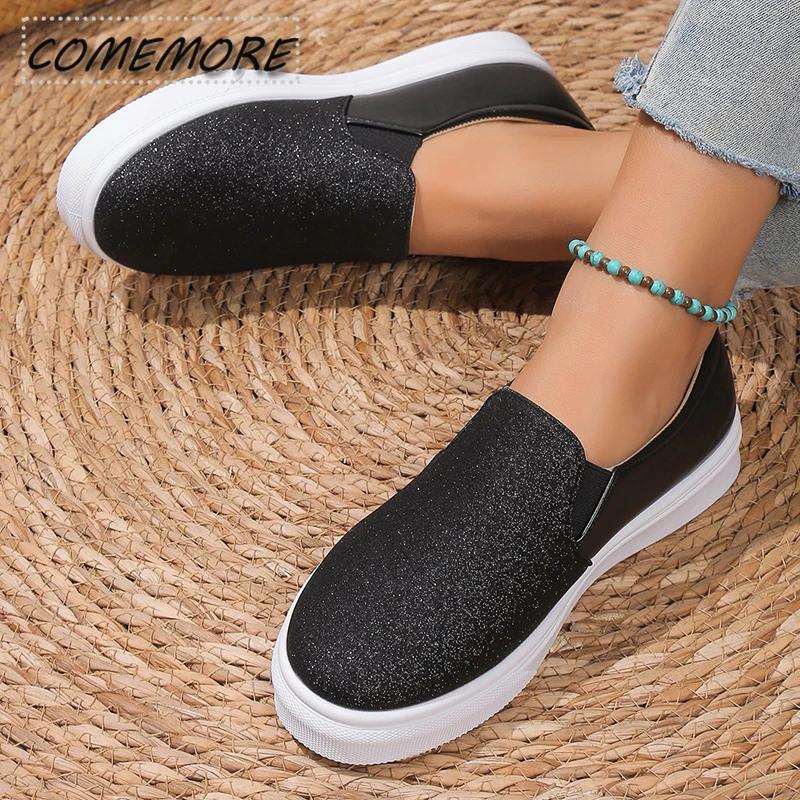 Shiny Gold Sequins Loafers for Women's Pu Leather Slip-On Platform Sneakers Woman 2025 Autumn Non-Slip Flats Casual Shoes Ladies