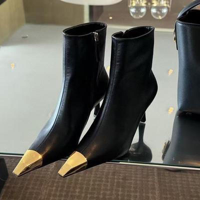 Новые металлические туфли на шпильке с узким квадратным носком, короткие, универсальные и удобные для женщин, с ботинками на молнии сбоку