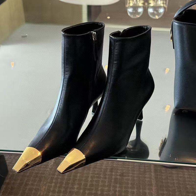 New Metal Small Square Toe Stiletto Heel Heel Short Shoes Are Versatile and Comfortable for Women with Side Zipper Booties