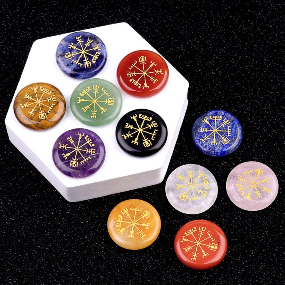 25mm Natural Crystal Stone Viking Compass Vegvisir Symbol Engraved Healing Crystals Round Flat Talisman Gemstone Home Decor Gift