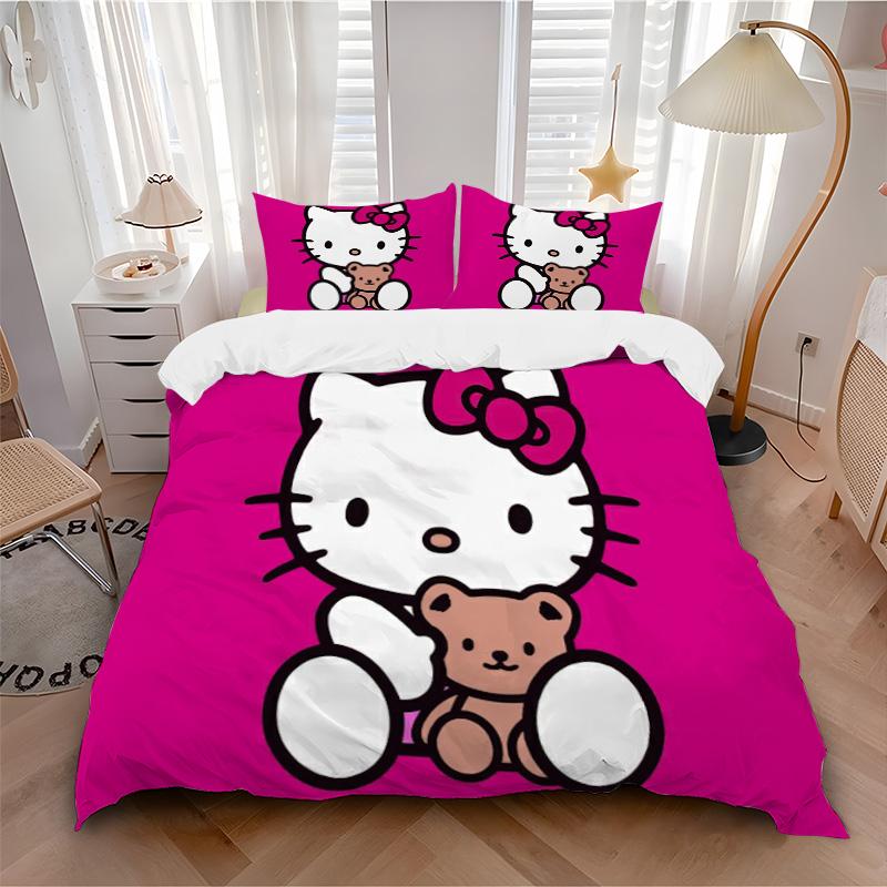 Hello Kitty Teddy Bear Print 3Pcs Bedding Setduvet Cover With 2 Bedropillowcase Home Birthday Gift