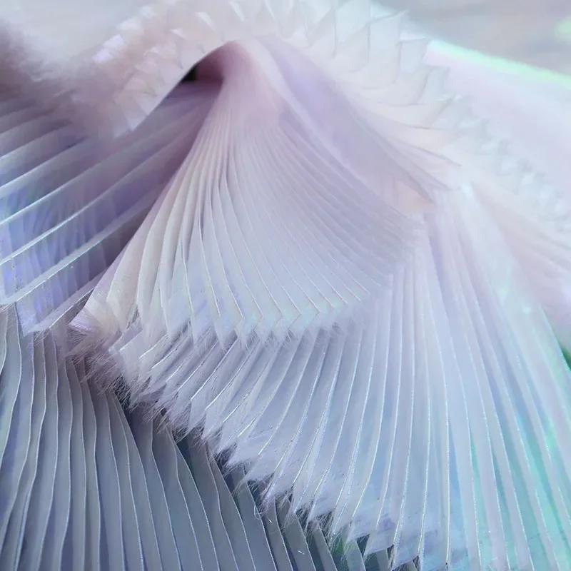 Mermaid Himeji Texture Pleated Fabric Crepe By The Meter for Clothes Stage Decoration Sewing Designer Cloth Glossy White Blue