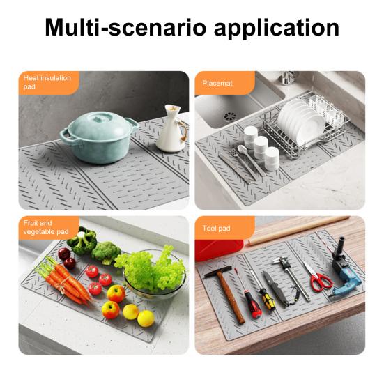 Silicone Dish Drying Mat for Kitchen Counter 3-Fold Large Drain Pad with Hanging Hole Non-Slip Countertop Drying Rack Multifunctional Drainer Board