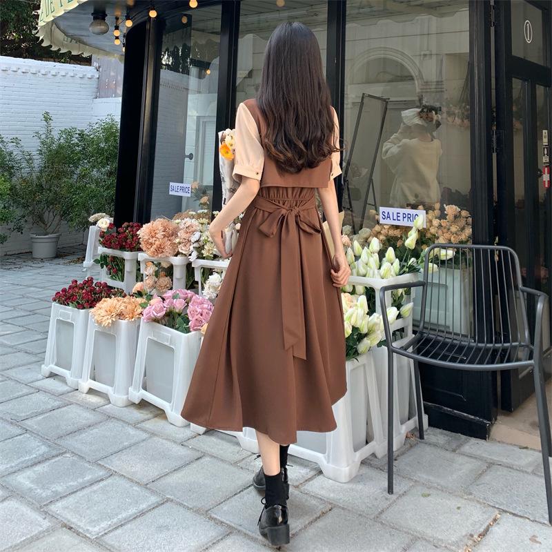 Женское ретро платье пэчворк мини на лето: Стиль колледжа, Короткий рукав, Большой размер, Свободный крой, Стройнящий эффект двух предметов