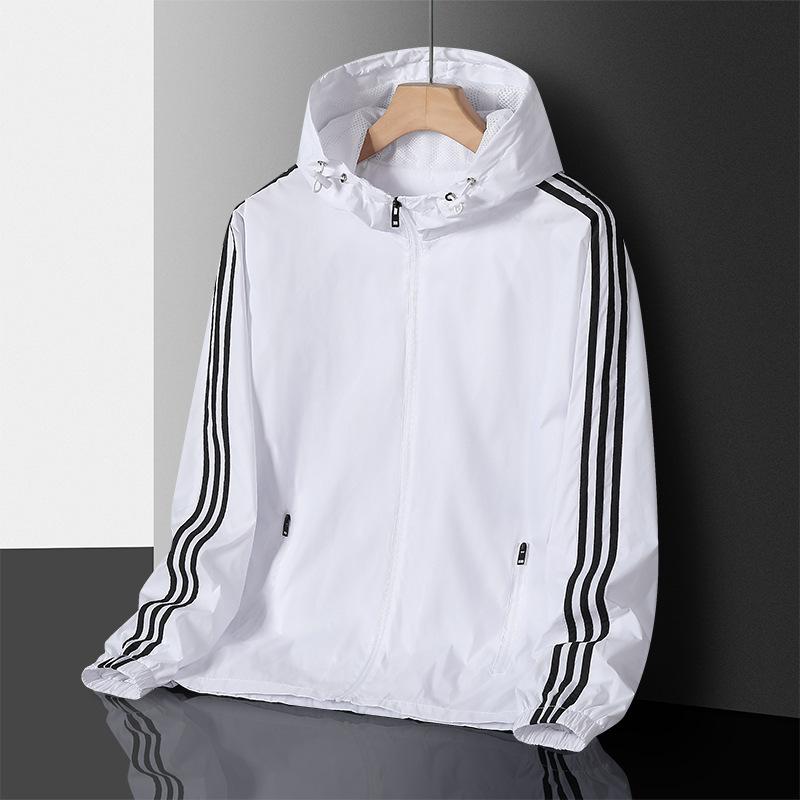 Men's Casual Sports Windbreaker for Spring and Autumn, Thin Design with Three Stripes, Loose Fit, Plus Size Hooded Jacket, Cardigan Jacket