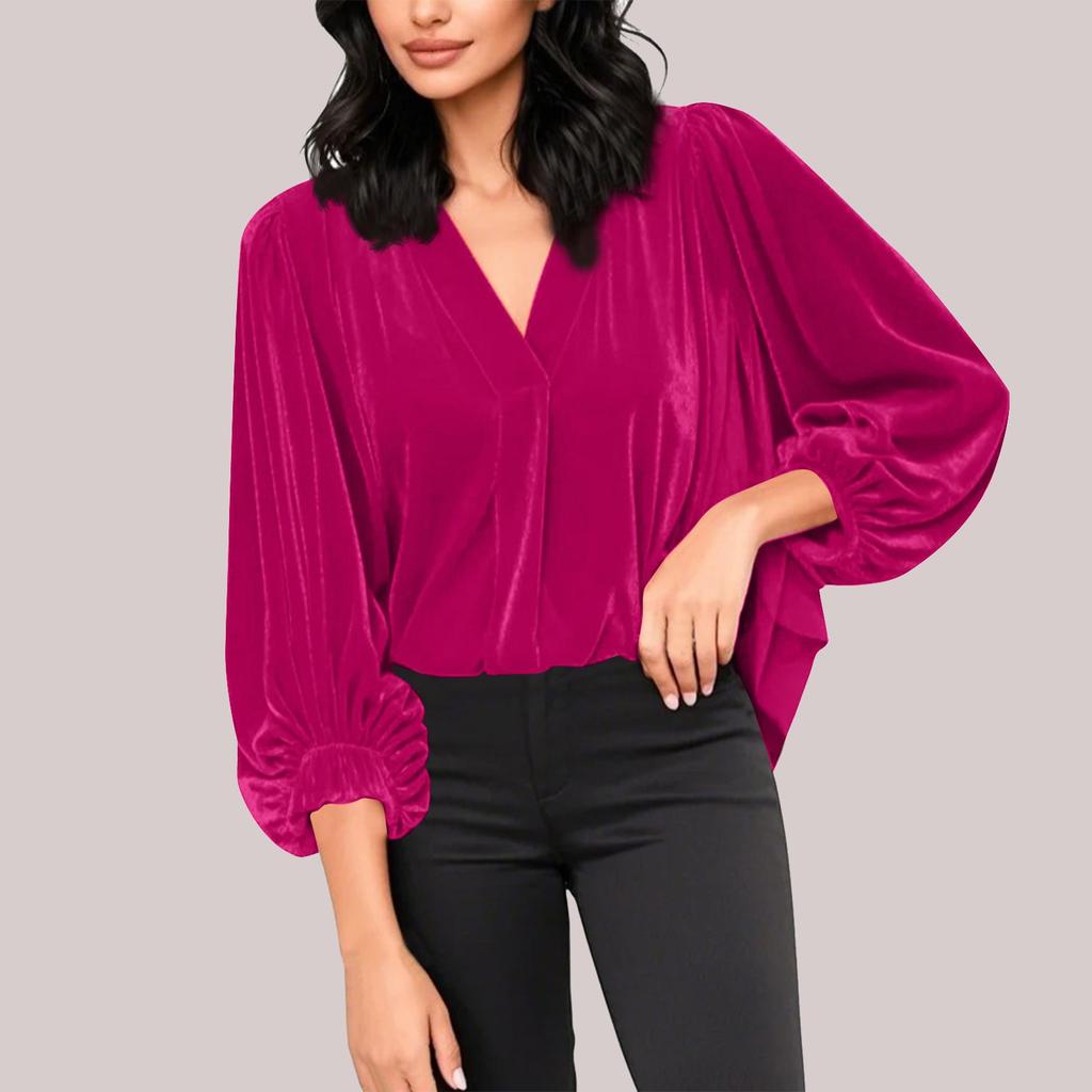 Женские бархатные топы с V-образным вырезом и рукавами-фонариками 3/4, модные нарядные повседневные свободные рубашки для рождественской вечеринки и праздника