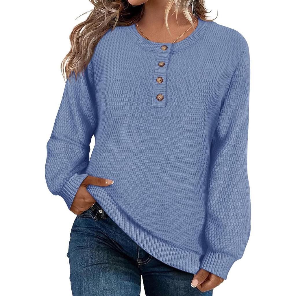 Женский пуловер свободного кроя однотонный на пуговицах с длинными рукавами и круглым вырезом