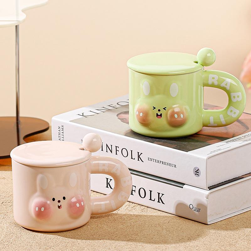 High-Value Rabbit Ceramic Cup With Lid Household Cute Couple Water Cup Creative Gift Souvenir