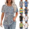 Футболки для женщин, плиссированные, с круглым вырезом, нарядные, повседневные, блузки с принтом, с коротким рукавом, летние топы, свободный крой