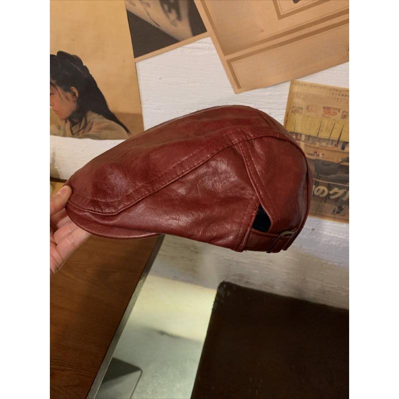 American Retro PU Leather Forward Hat Ancora Red Women's Autumn and Winter Face Showing Small Versatile Reverse Wear Painter Hat