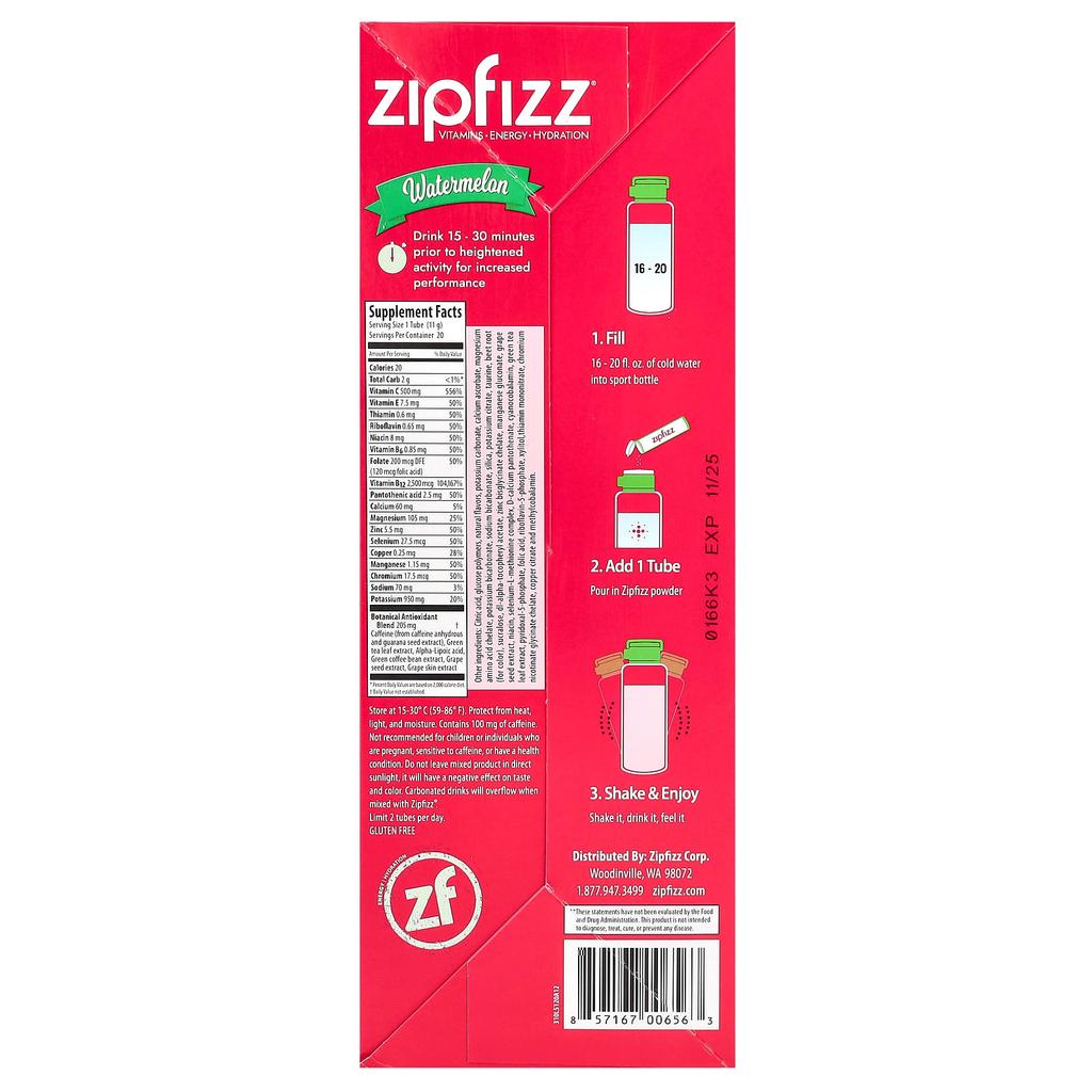 Zipfizz Watermelon, 20 Tubes, 11 G (0.39 Oz) Each