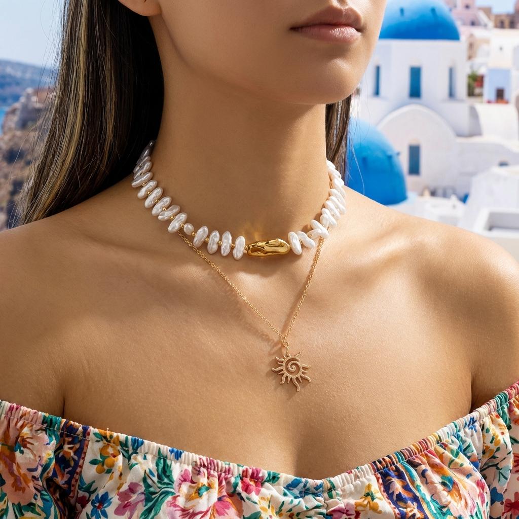 Vintage Double Layer Sun Star Pendant Necklaces for Women Baroque Imitation Pearl Layered Choker Boho Party Friendship Jewelry