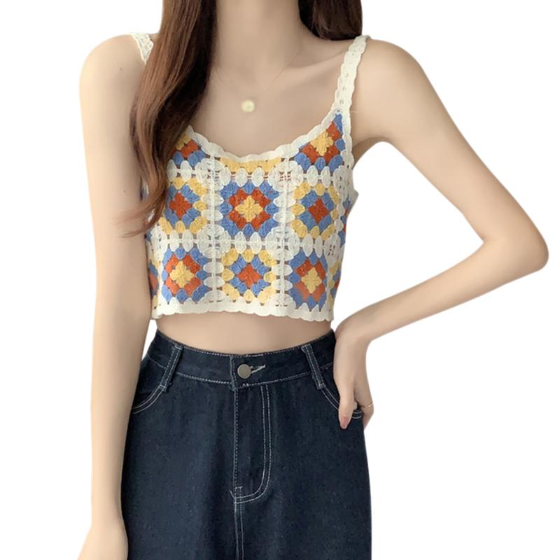 Модный бохо-стиль сексуальный вышитый крючком цветочный топ вязаный слинг пляжный бикини бюстгальтер жилет