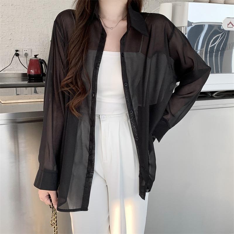 Back Split Lace-up Casual Loose Shirts Women Fashion New See Through Long Sleeve Women's Blouses Thin Breathable Sun Protection Office Lady Tops 26108