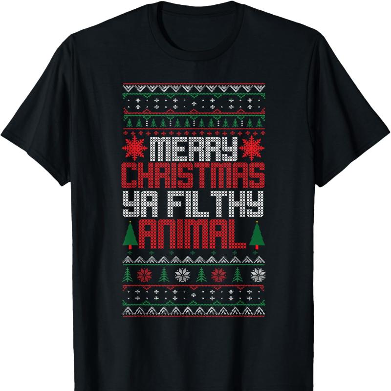 Christmas Merry Xmas Ya Filthy Animal Meme Lol Ugly Camiseta Negro Crew Neck Short Sleeve Cotton Top All Seasons Casual Fashion