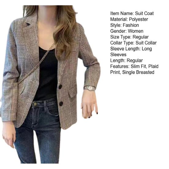 Женский весенне-осенний костюм, пальто с лацканами, однобортный пиджак с длинными рукавами и клетчатым принтом, деловая верхняя одежда с карманами и клапанами