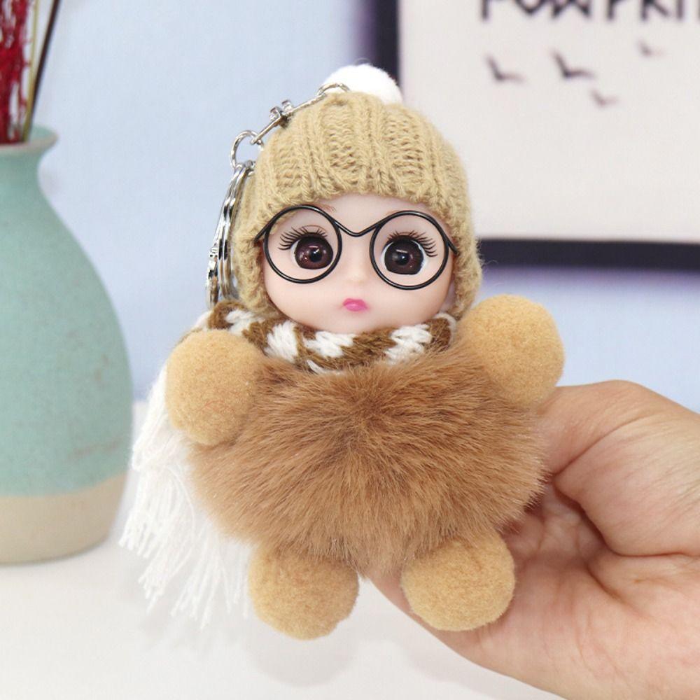 Baby Doll Pompom Keychain Eye Glass Doll Fluffy Doll Keychain Fur Ball Keyring  Jewelry Gift
