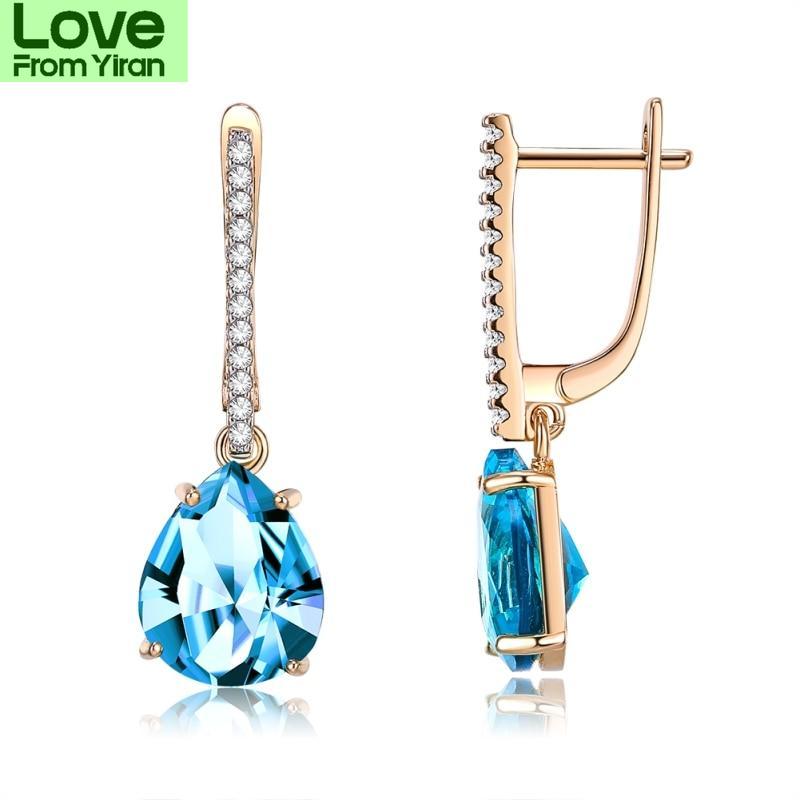Luxurious Champagne Gold Tone Blue Women Cubic Zircon Stud Earrings Female Giveaway Present Trendy Stylish Engagement Earrings Fine Jewelry