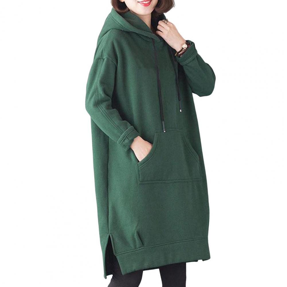Уютная плюшевая толстовка с капюшоном Уютная плюшевая толстовка длиной до колена с завязкой на подоле и большим карманом для женщин Теплая зимняя одежда Толстовка
