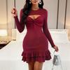 Autumn Winter Casual Slim Elasticity Ruffles Dresses Sexy Hollow Out Elegant Hip Wrap O-neck Long-sleeve Solid Mini Dress Female