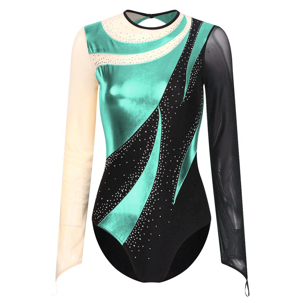 Womens Gymnastics Leotard Metallic Contrast Color Patchwork Sheer Mesh Long Sleeve Cutout Back Rhinestones Dancewear