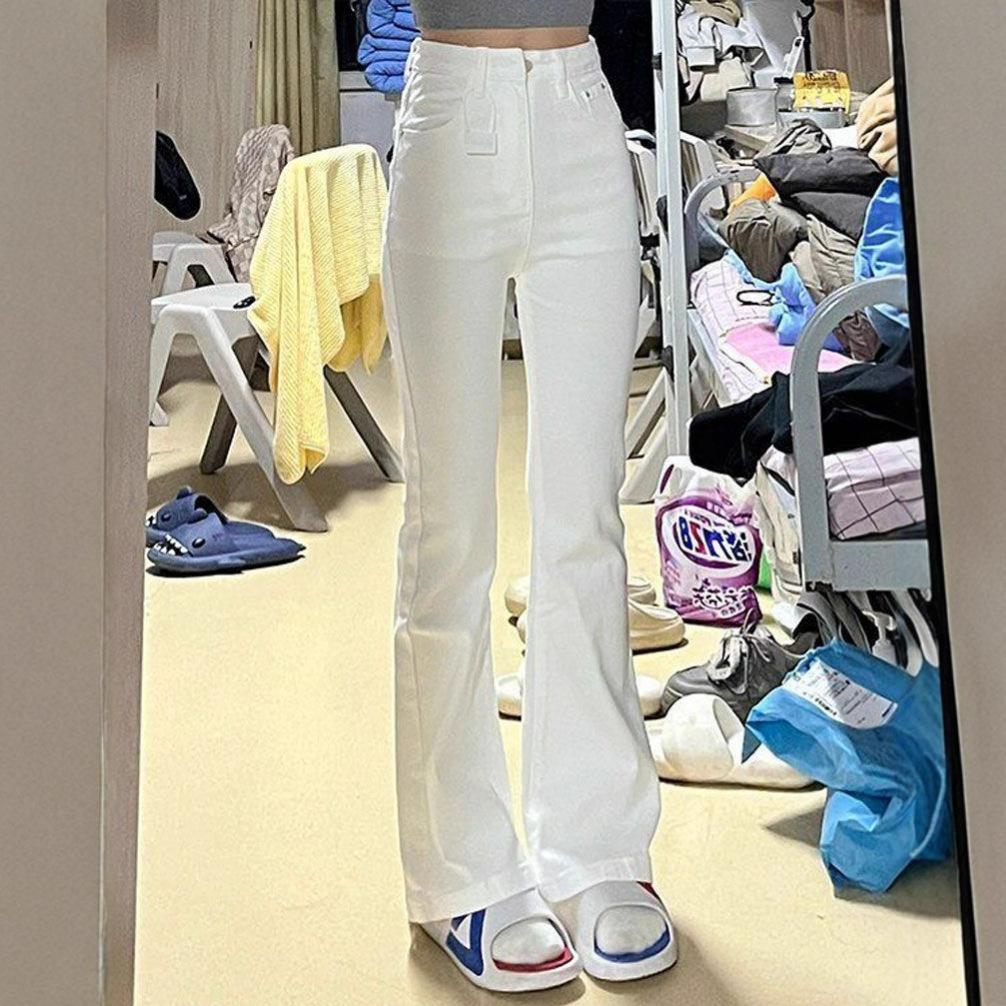 American retro micro-pull jeans women's high waist thin elastic babes small white pants flared floor pants