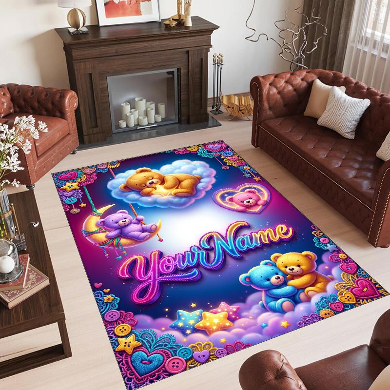 Teddy Bear Theme Crystal Velvet Rug Personalized Custom Name Text Soft Floor Mat Home Decor