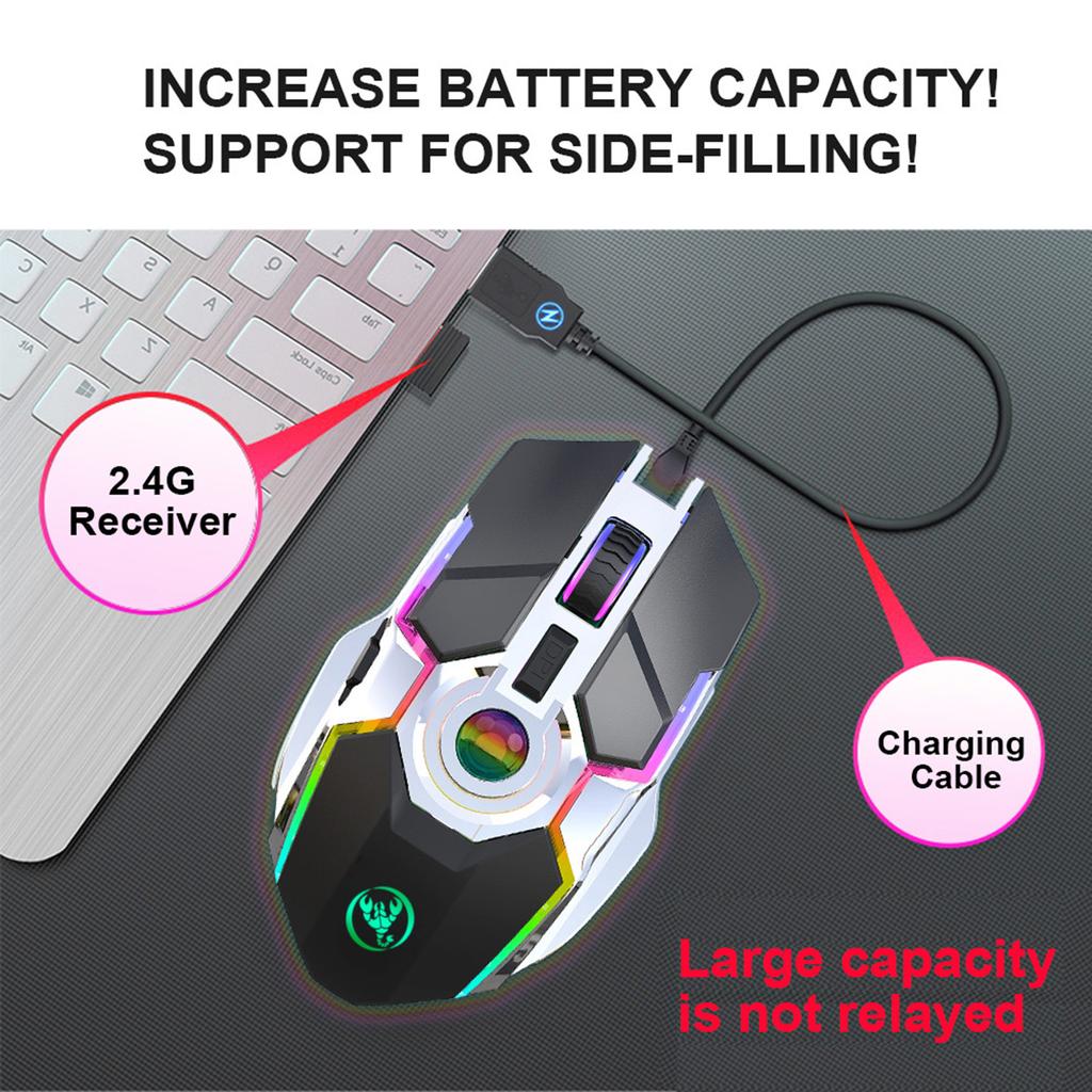 HXSJ T30 Wireless Mouse 2.4G USB Receiver with 5 Backlit RGB Mode Mechanical Gaming Mouse for PC