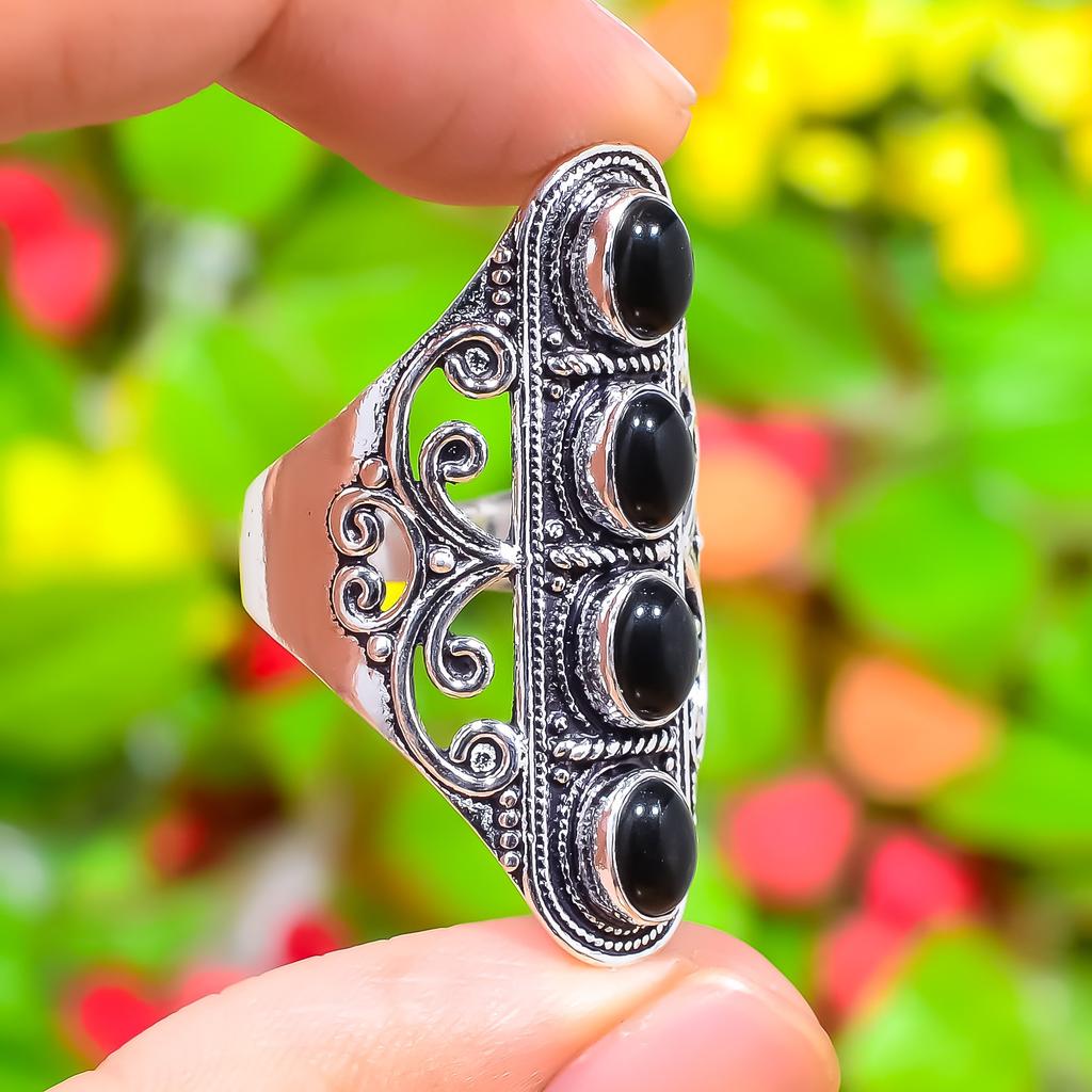 Black Onyx Gemstone Handmade 925 Sterling Silver Jewelry Ring Size 7.5 F3R02