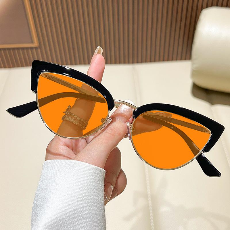 Metal Half-Frame Night Vision Anti-Blue Light Glasses Orange & Red Lenses Unisex Fashion Cat-Eye Gaming Eye Protection Glasses