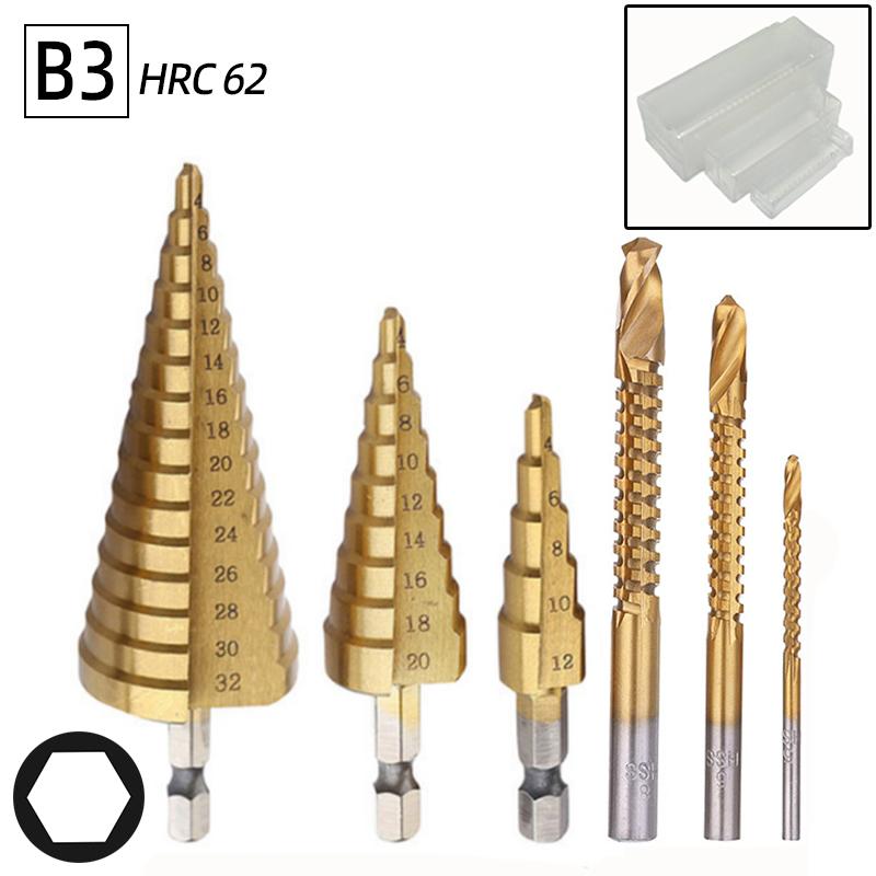 6Pcs HSS Steel Titanium Step Drill Bit Set 4-12/20/32mm Metal Hole Cutter Wood Cone Core Drilling Hole Saw Tool+3,6,8 Saw Drill