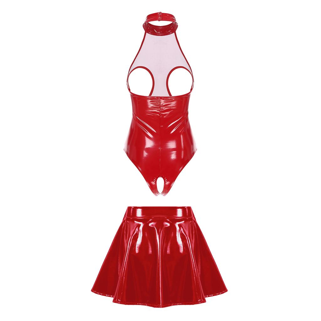Женское модное нижнее белье из лакированной кожи, обтягивающее боди с открытой чашкой и юбкой, наряды для свадебной ночи