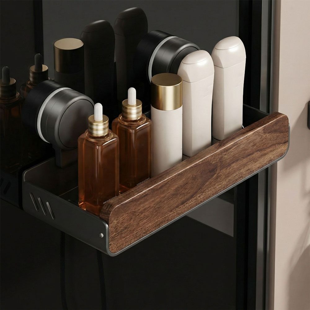 Mid-Century Modern Wall Mounted Organizer Walnut Finish Bathroom Storage Rack  Vanity